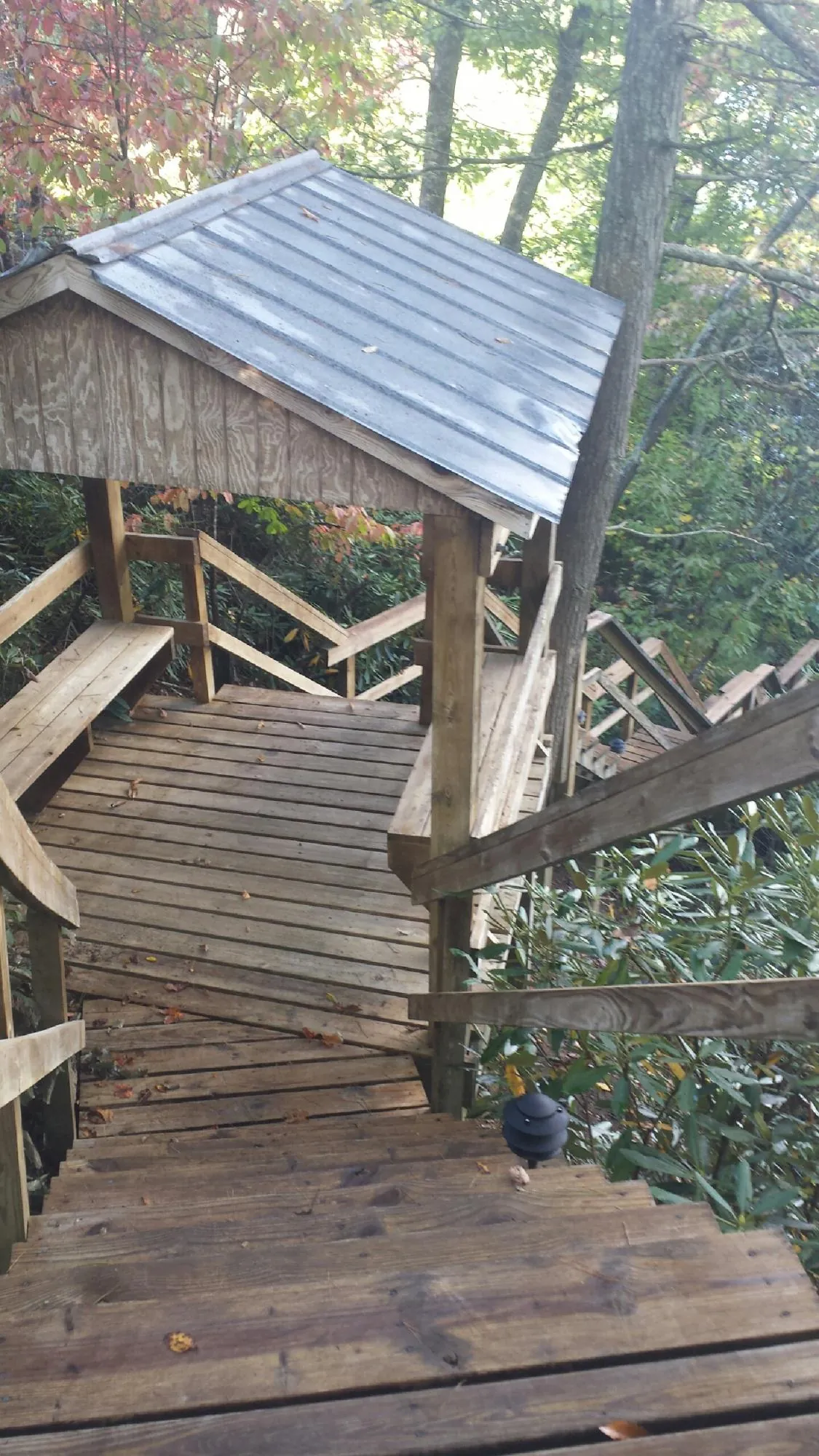 Metal roofed shelter over wooden steps on a wooded walkway — Skylight Repair & Installation work by our crew in Climax
